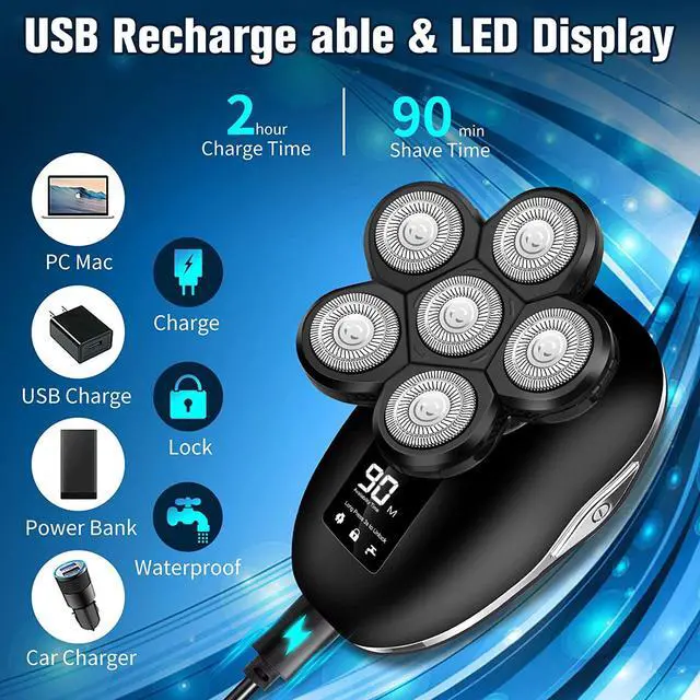 Alt view image 6 of 7 - Electric Head Shaver for Bald Men, 6 in 1 Mens Electric Head Razor Bald Head Shaver Cordless Electric Razor Men, IPX7 Wet/Dry Waterproof Skull Shaver with Head Shaver Kit LED Display Blue