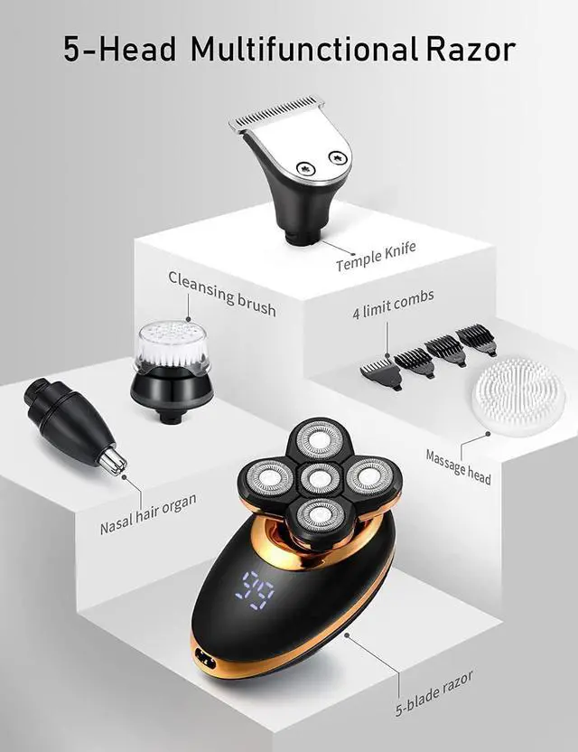 Alt view image 4 of 7 - Electric Shavers for Men - 5 in 1 Bald Head Shavers for Men, 5D Floating Cordless USB Rechargeable Rotary Razor Multifunctional Grooming Kit Beard Trimmer Waterproof Wet and Dry with LED Display