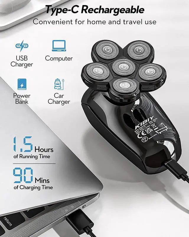 Alt view image 5 of 7 - Head Shaver for Men, Kibiy 5-in-1 Head Shavers for Bald Men, Cordless LED Bald Head Shaver, IPX7 Waterproof 7D Rotary Shaver Grooming Kit with Nose Hair Trimmer Type-C Charge - Black