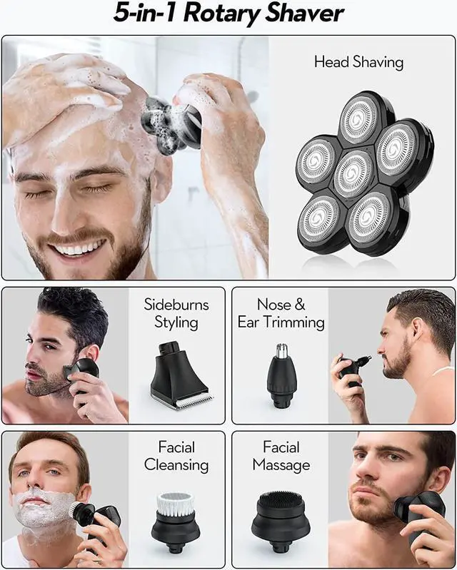 Alt view image 7 of 7 - Head Shaver for Men, Kibiy 5-in-1 Head Shavers for Bald Men, Cordless LED Bald Head Shaver, IPX7 Waterproof 7D Rotary Shaver Grooming Kit with Nose Hair Trimmer Type-C Charge - Black