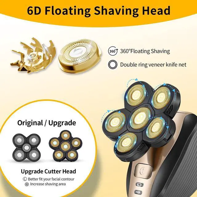 Alt view image 3 of 7 - Head Shavers for Men Upgraded 5 in 1 Multifunctional Bald Head Shaver Grooming Kit Cordless Electric Razor for Men Rotary Mens Head Razor Rechargeable Razors for Bald Man Waterproof (Gold)