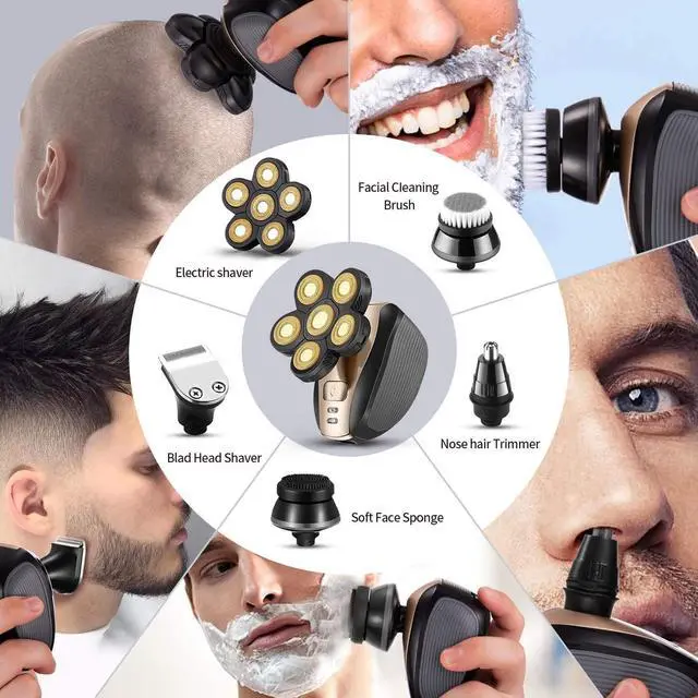 Alt view image 4 of 7 - Head Shavers for Men Upgraded 5 in 1 Multifunctional Bald Head Shaver Grooming Kit Cordless Electric Razor for Men Rotary Mens Head Razor Rechargeable Razors for Bald Man Waterproof (Gold)