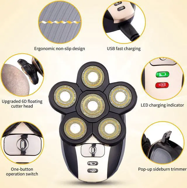 Alt view image 2 of 7 - Head Shavers for Men Upgraded 5 in 1 Multifunctional Bald Head Shaver Grooming Kit Cordless Electric Razor for Men Rotary Mens Head Razor Rechargeable Razors for Bald Man Waterproof (Gold)
