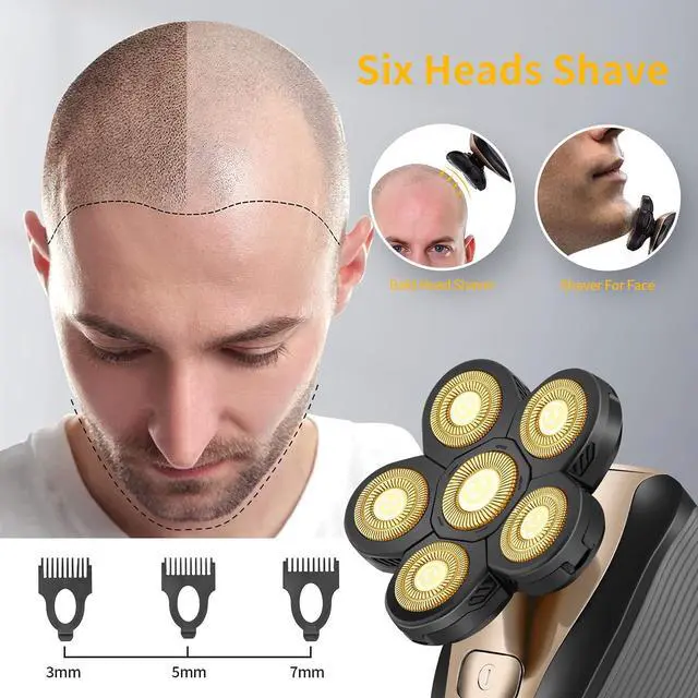 Alt view image 5 of 7 - Head Shavers for Men Upgraded 5 in 1 Multifunctional Bald Head Shaver Grooming Kit Cordless Electric Razor for Men Rotary Mens Head Razor Rechargeable Razors for Bald Man Waterproof (Gold)