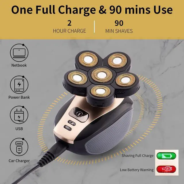 Alt view image 7 of 7 - Head Shavers for Men Upgraded 5 in 1 Multifunctional Bald Head Shaver Grooming Kit Cordless Electric Razor for Men Rotary Mens Head Razor Rechargeable Razors for Bald Man Waterproof (Gold)