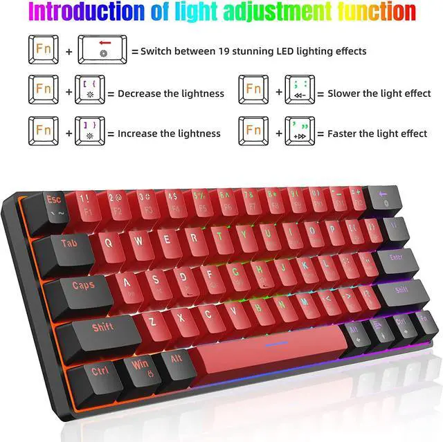 Alt view image 4 of 7 - Snpurdiri 60% Wired Mechanical Gaming Keyboard (Black-Red, Blue Switches) | LED Backlit 60 Percent Gaming Keyboard for Windows Laptop PC Mac