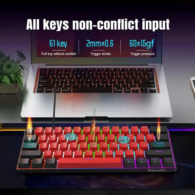 Alt view image 5 of 7 - Snpurdiri 60% Wired Mechanical Gaming Keyboard (Black-Red, Blue Switches) | LED Backlit 60 Percent Gaming Keyboard for Windows Laptop PC Mac