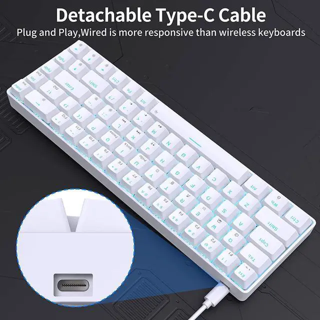Alt view image 6 of 7 - T68SE 60% Gaming Mechanical Keyboard,Ultra Compact Mini 68 Key with Red Switches Wired Keyboard,Anti-Ghosting Keys, for Windows Laptops and PC Gamers,White