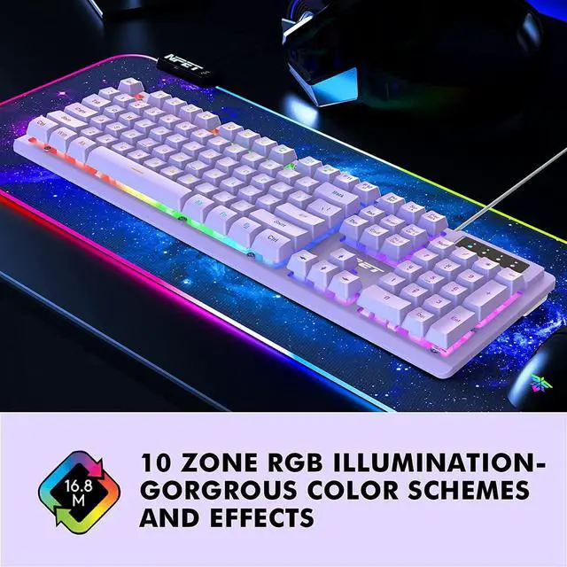 Alt view image 7 of 7 - NPET K10 Wired Gaming Keyboard, RGB Backlit, Spill-Resistant Design, Multimedia Keys, Quiet Silent USB Membrane Keyboard for Desktop, Computer, PC (Purple)
