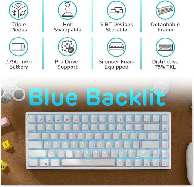 Alt view image 7 of 7 - RK ROYAL KLUDGE RK84 Wireless Blue Backlit 75% Triple Mode BT5.0/2.4G/USB-C Hot Swappable Mechanical Keyboard, 84 Keys Tenkeyless Mechanical Keyboard w/Programmable Software, Blue Switch