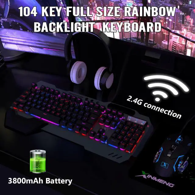 Alt view image 5 of 7 - Wireless Gaming Keyboard and Mouse Combo,Rainbow LED Backlit Keyboard with Rechargeable 3800mAh Battery Metal Panel,Removable Wrist Rest Mechanical Feel and 7 Color Mute Gaming Mice for PC PS4 PS5