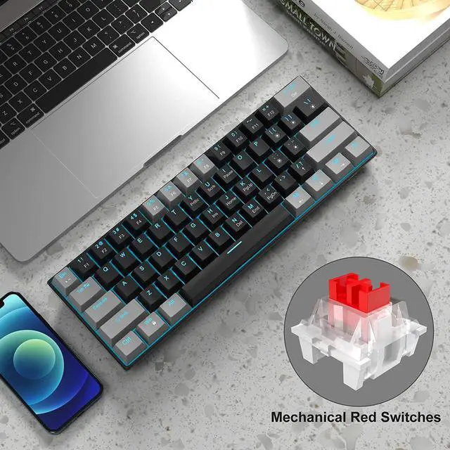 Alt view image 2 of 7 - MageGee 60% Mechanical Keyboard with Red Switches and Sea Blue Backlit Small Compact Portable 60 Percent Gaming Keyboard Gamer(Grey Black)