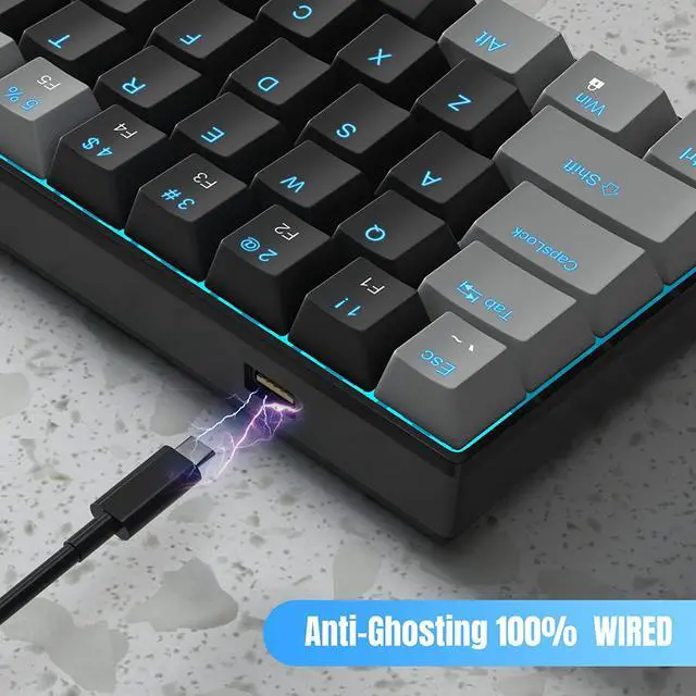 Alt view image 5 of 7 - MageGee 60% Mechanical Keyboard with Red Switches and Sea Blue Backlit Small Compact Portable 60 Percent Gaming Keyboard Gamer(Grey Black)