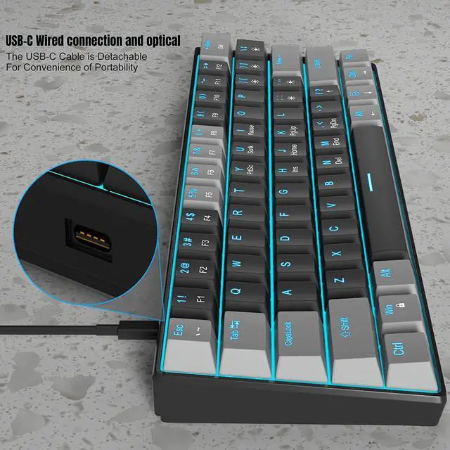 Alt view image 7 of 7 - MageGee 60% Mechanical Keyboard with Red Switches and Sea Blue Backlit Small Compact Portable 60 Percent Gaming Keyboard Gamer(Grey Black)