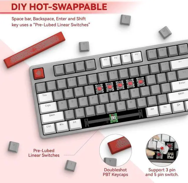 Alt view image 2 of 7 - Magic-Refiner AK873 Gaming Keyboard,Rainbow Led Backlit,Hot-Swappable Linear Red Switch,PBT Keycap,75% TKL Layout,Ergonomic Mechanical Keyboard with Custom Coiled USB/Type-C Aviation Cable(White Grey)