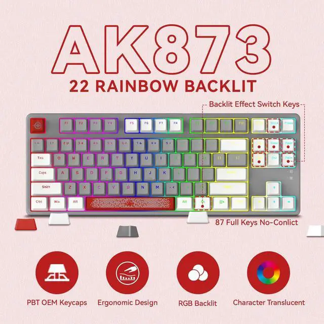 Alt view image 5 of 7 - Magic-Refiner AK873 Gaming Keyboard,Rainbow Led Backlit,Hot-Swappable Linear Red Switch,PBT Keycap,75% TKL Layout,Ergonomic Mechanical Keyboard with Custom Coiled USB/Type-C Aviation Cable(White Grey)