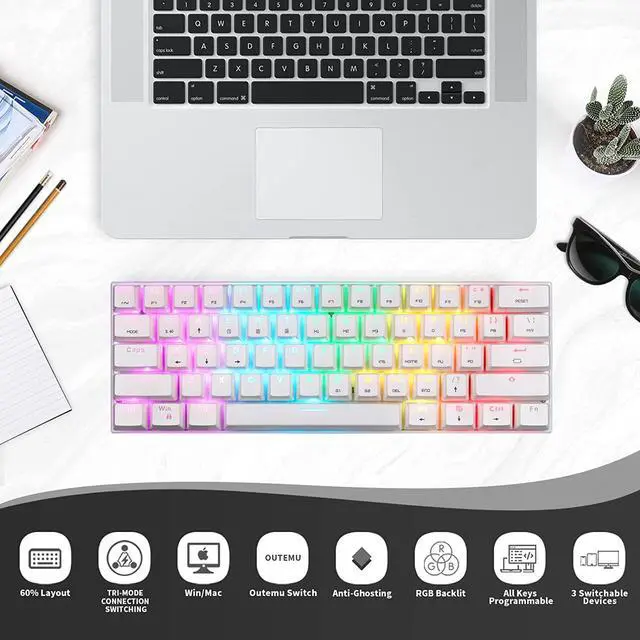 Alt view image 3 of 6 - MOTOSPEED Wireless 60% Triple Mode BT5.0/2.4G/Type-C Mechanical Keyboard, 61 Keys Bluetooth Mechanical Keyboard,Gaming/Office Keyboard for PC/Mac Gamer (Blue Switch, White)