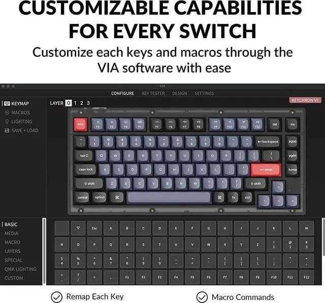 Alt view image 3 of 7 - Keychron V1 Wired Custom Mechanical Keyboard, 75% Layout QMK/VIA Programmable Macro with Hot-swappable Keychron K Pro Brown Switch Compatible with Mac Windows Linux (Frosted Black - Translucent)
