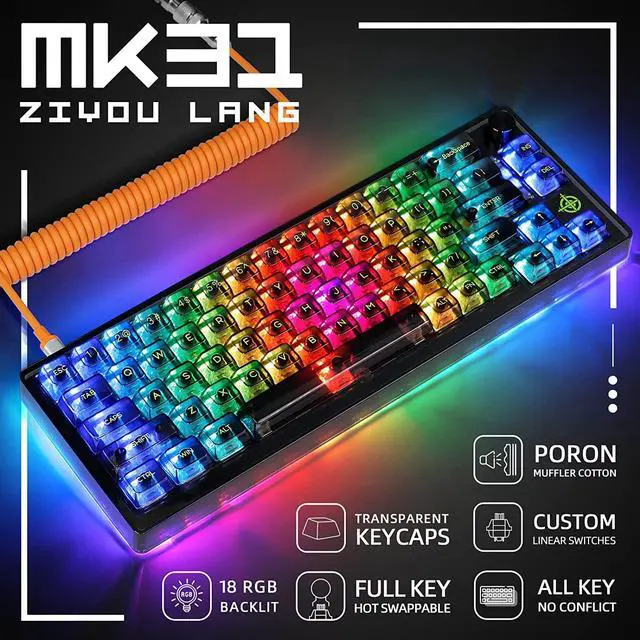Alt view image 3 of 7 - 65% Hot-Swap Wired Mechanical Gaming Keyboard Programmable with Transparent 66 Key Full Side RGB OWERTY Linear Ice White Switch Custom Coiled C to A Cable Media Knob 2-IN-1 Case for WIN/PC/MAC(Black)