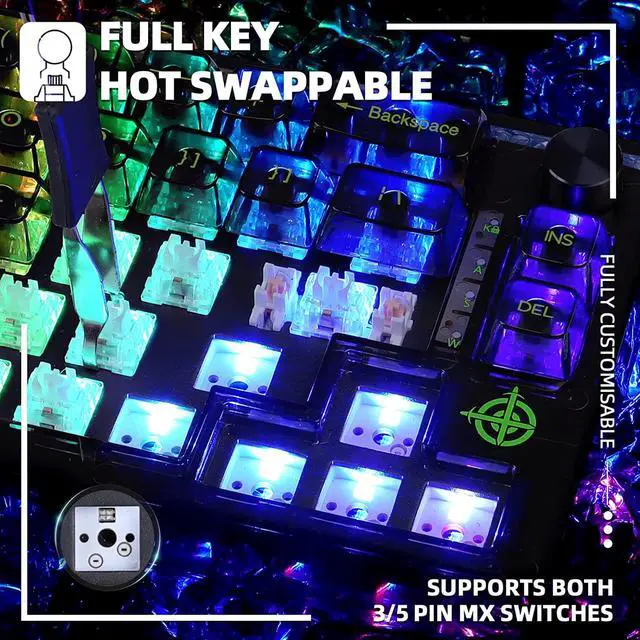 Alt view image 5 of 7 - 65% Hot-Swap Wired Mechanical Gaming Keyboard Programmable with Transparent 66 Key Full Side RGB OWERTY Linear Ice White Switch Custom Coiled C to A Cable Media Knob 2-IN-1 Case for WIN/PC/MAC(Black)