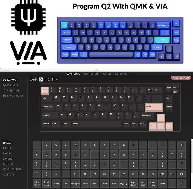 Alt view image 2 of 7 - Keychron Q2 Wired Custom Mechanical Keyboard, QMK/VIA Programmable Macro, Full Aluminum, Hot-Swappable Gateron G Pro Red Switch, 65% Layout Double Gasket Compatible with Mac and Windows - Blue
