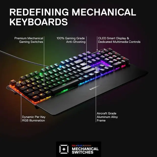 Alt view image 3 of 7 - SteelSeries Apex 7 Mechanical Gaming Keyboard  OLED Smart Display  USB Passthrough and Media Controls  Tactile and Clicky  RGB Backlit (Blue Switch)