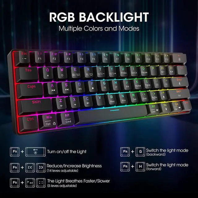 Alt view image 2 of 6 - KOORUI 60% Gaming Keyboards, 61 Keys Wired Ultra-Compact Mechanical Keyboard 26 RGB Backlit with Red Switch Mini Keyboards for Windows MacOS Linux