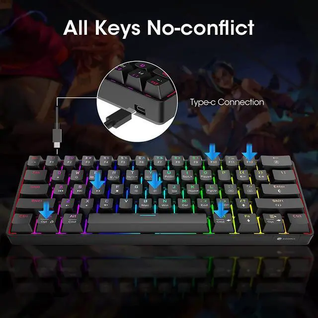 Alt view image 4 of 6 - KOORUI 60% Gaming Keyboards, 61 Keys Wired Ultra-Compact Mechanical Keyboard 26 RGB Backlit with Red Switch Mini Keyboards for Windows MacOS Linux