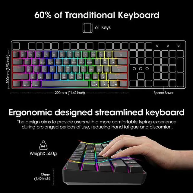 Alt view image 5 of 6 - KOORUI 60% Gaming Keyboards, 61 Keys Wired Ultra-Compact Mechanical Keyboard 26 RGB Backlit with Red Switch Mini Keyboards for Windows MacOS Linux