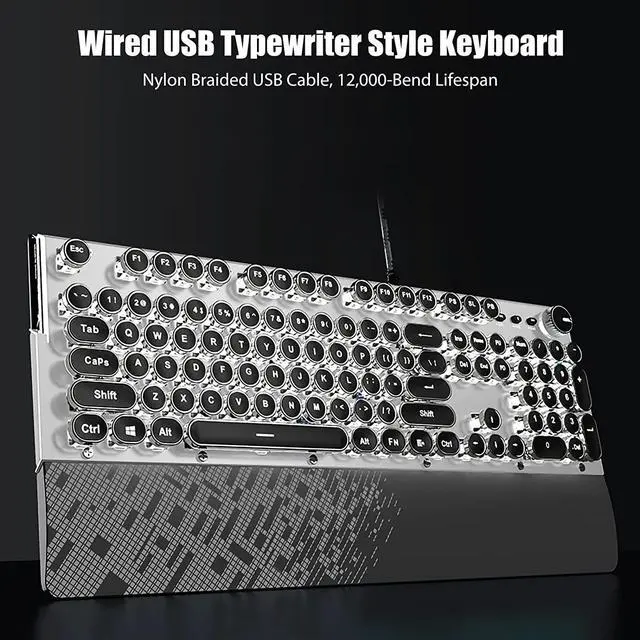 Alt view image 2 of 6 - TISHLED Typewriter Keyboard Mechanical Gaming Keyboard White LED Backlit Removable Magnetic Wrist Rest Multifunction Knob 104-Key Anti-Ghosting Black Switch Retro Steampunk Round Keycaps Wired USB