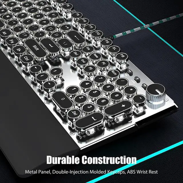 Alt view image 6 of 6 - TISHLED Typewriter Keyboard Mechanical Gaming Keyboard White LED Backlit Removable Magnetic Wrist Rest Multifunction Knob 104-Key Anti-Ghosting Black Switch Retro Steampunk Round Keycaps Wired USB