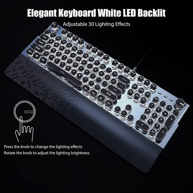 Alt view image 4 of 6 - TISHLED Typewriter Keyboard Mechanical Gaming Keyboard White LED Backlit Removable Magnetic Wrist Rest Multifunction Knob 104-Key Anti-Ghosting Black Switch Retro Steampunk Round Keycaps Wired USB