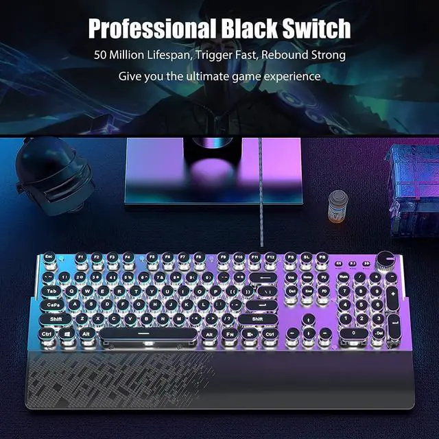 Alt view image 5 of 6 - TISHLED Typewriter Keyboard Mechanical Gaming Keyboard White LED Backlit Removable Magnetic Wrist Rest Multifunction Knob 104-Key Anti-Ghosting Black Switch Retro Steampunk Round Keycaps Wired USB