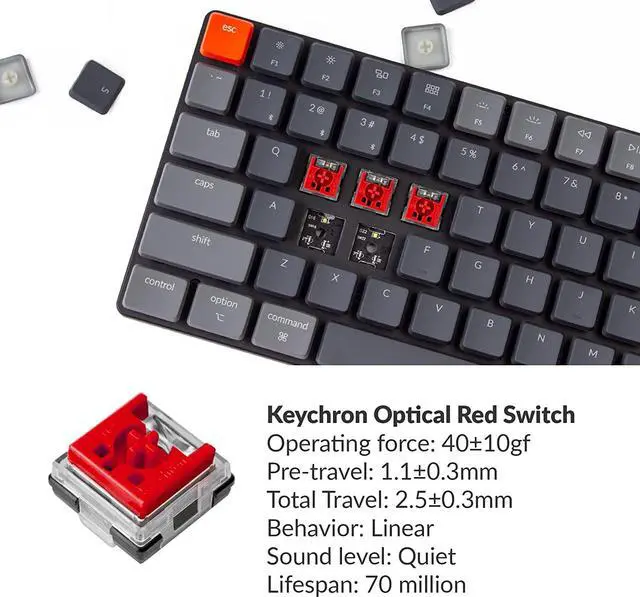 Alt view image 2 of 7 - Keychron K3 75% Layout 84-Key Ultra-Slim Hot-Swappable Wireless Bluetooth Mechanical Keyboard with Low-Profile Keychron Optical Red Switch/White LED Backlight/USB Wired for Mac Windows-Version 2