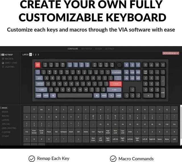 Alt view image 3 of 7 - Keychron V6 Wired Custom Mechanical Keyboard Knob Version, Full-size QMK/VIA Programmable Macro with Hot-swappable Keychron K Pro Brown Switch Compatible with Mac Windows Linux Black (Non-Transparent)