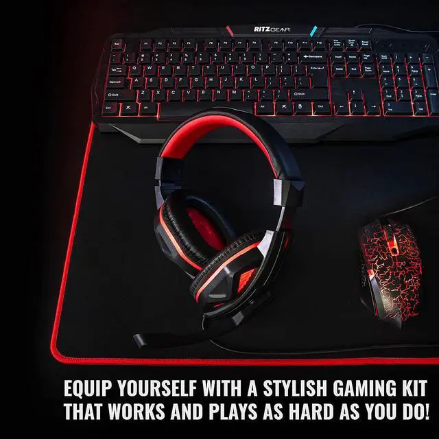 Alt view image 2 of 7 - Ritz Gear Red Gaming Accessories Kit I 4-in-1 LED Combo with Multimedia Keyboard, Optical Mouse, Mouse Pad & Headset with Adapter with CR3-X Monitors and 24 Pack Acoustic Soundproof Wedge Panels