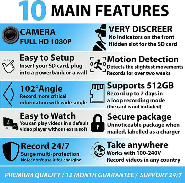 Alt view image 3 of 6 - Spy Camera Charger - Hidden Camera - Premium Pack - HD 1080P - Best Mini Spy Camera - USB Charger Camera - Secret Camera - Nanny Cam - Small Cameras for Spying - Surveillance Camera Full HD