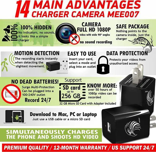 Alt view image 4 of 6 - Mini Spy Camera Hidden Camera Charger for Spying + 32GB SD Card | Secret Camera 1080p Full HD | Small Hidden Nanny Cam | Surveillance Camera | USB Charger Camera | Hidden Spy Cam | Hidden Cam