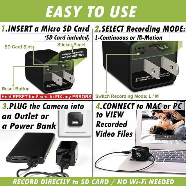 Alt view image 5 of 6 - Mini Spy Camera Hidden Camera Charger for Spying + 32GB SD Card | Secret Camera 1080p Full HD | Small Hidden Nanny Cam | Surveillance Camera | USB Charger Camera | Hidden Spy Cam | Hidden Cam