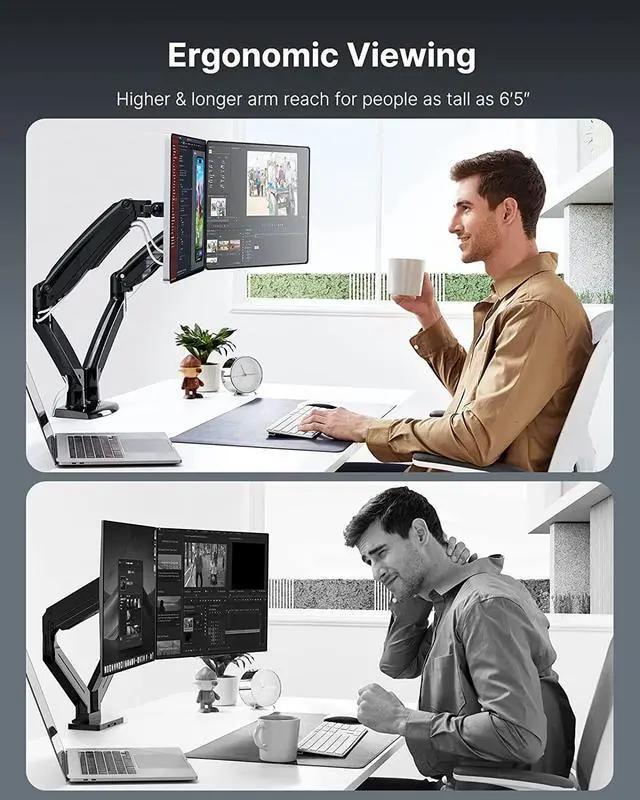 Alt view image 4 of 7 - HUANUO Dual Monitor Stand for 13 to 35 inch, Premium Dual Monitor Mount with USB, Height Adjustable Monitor Stands for 2 Monitors, VESA Bracket with Clamp/Grommet Base, Each Arm Hold up to 26.4lbs