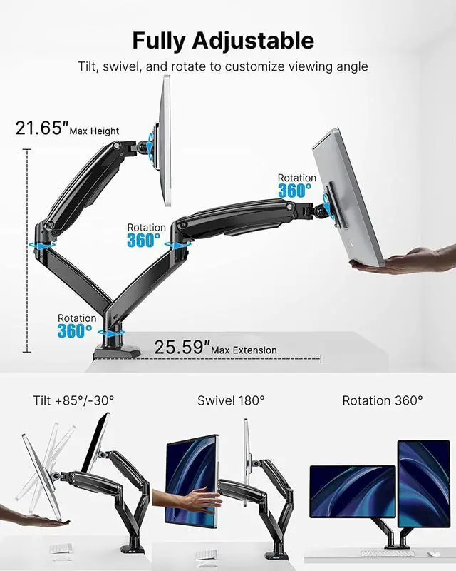 Alt view image 5 of 7 - HUANUO Dual Monitor Stand for 13 to 35 inch, Premium Dual Monitor Mount with USB, Height Adjustable Monitor Stands for 2 Monitors, VESA Bracket with Clamp/Grommet Base, Each Arm Hold up to 26.4lbs