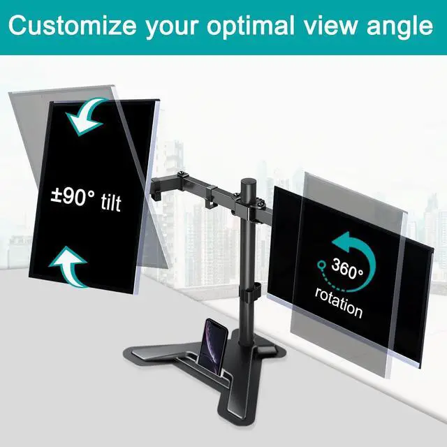 Alt view image 3 of 7 - Dual Monitor Stand - Free Standing Full Motion Monitor Desk Mount Fits 2 Screens up to 27 inches 17.6lbs with Height Adjustable Swivel Tilt Rotation VESA 75x75 100x100 Black