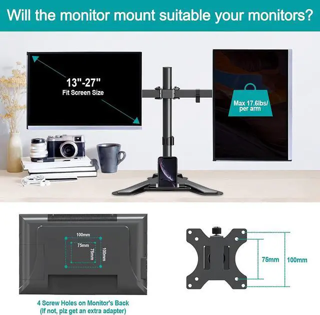 Alt view image 5 of 7 - Dual Monitor Stand - Free Standing Full Motion Monitor Desk Mount Fits 2 Screens up to 27 inches 17.6lbs with Height Adjustable Swivel Tilt Rotation VESA 75x75 100x100 Black