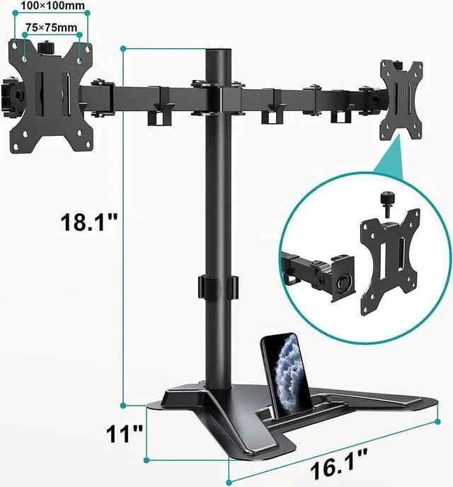 Alt view image 7 of 7 - Dual Monitor Stand - Free Standing Full Motion Monitor Desk Mount Fits 2 Screens up to 27 inches 17.6lbs with Height Adjustable Swivel Tilt Rotation VESA 75x75 100x100 Black