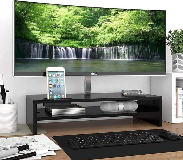 Alt view image 3 of 7 - BONTEC Wood Monitor Stand Riser, 2 Tiers with Storage Organizer, Desktop Ergonomic Cellphone Holder and Cable Management, 21.3 Inch Shelf, Black