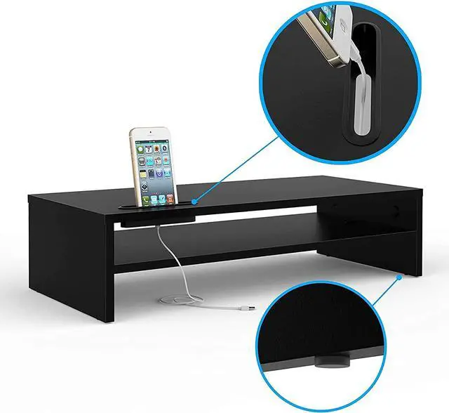 Alt view image 4 of 7 - BONTEC Wood Monitor Stand Riser, 2 Tiers with Storage Organizer, Desktop Ergonomic Cellphone Holder and Cable Management, 21.3 Inch Shelf, Black