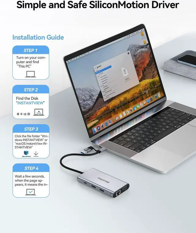 Alt view image 4 of 6 - USB Docking Station Dual Monitor, GIISSMO 9-in-1 USB A 3.0 / USB C Docking Station Triple Monitor with 2 HDMI,VGA, 10Gbps USB 3.1, Gigabit Ethernet, Triple Display for Mac & MacBook & Windows Laptop