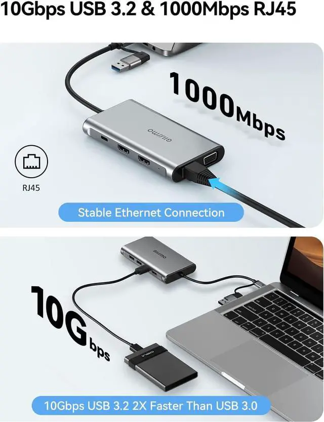 Alt view image 5 of 6 - USB Docking Station Dual Monitor, GIISSMO 9-in-1 USB A 3.0 / USB C Docking Station Triple Monitor with 2 HDMI,VGA, 10Gbps USB 3.1, Gigabit Ethernet, Triple Display for Mac & MacBook & Windows Laptop