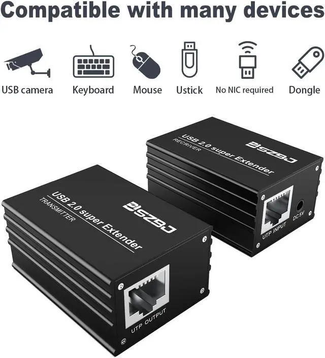 Alt view image 3 of 7 - SZBJ USB Extender Over RJ45 Cat5E/6 up to 230ft Ethernet Cable Extender with Power Adapter with 2 USB2.0 Output - Full USB 2.0 Support for Keyboard, DongleMouse, Webcam, and All Operating System 102