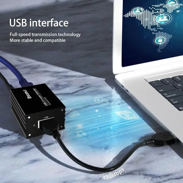 Alt view image 5 of 7 - SZBJ USB Extender Over RJ45 Cat5E/6 up to 230ft Ethernet Cable Extender with Power Adapter with 2 USB2.0 Output - Full USB 2.0 Support for Keyboard, DongleMouse, Webcam, and All Operating System 102